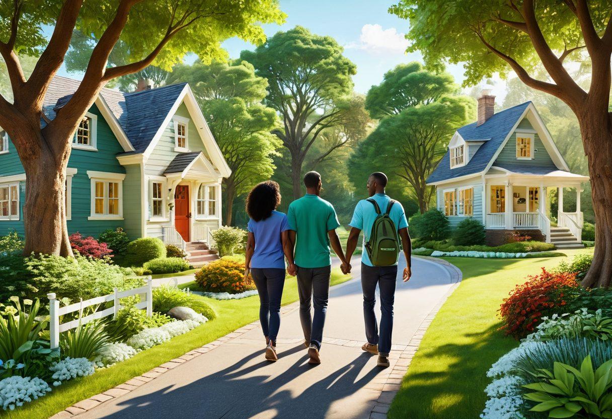 A diverse couple navigating a twisting road filled with various signs representing health, home, and insurance coverage. They are exploring a lush environment symbolizing support and guidance, with soft rays of sunlight breaking through the trees. Include subtle illustrative icons like a stethoscope, a house, and a shield along the path. The scene should convey warmth and partnership. vibrant colors. 3D.