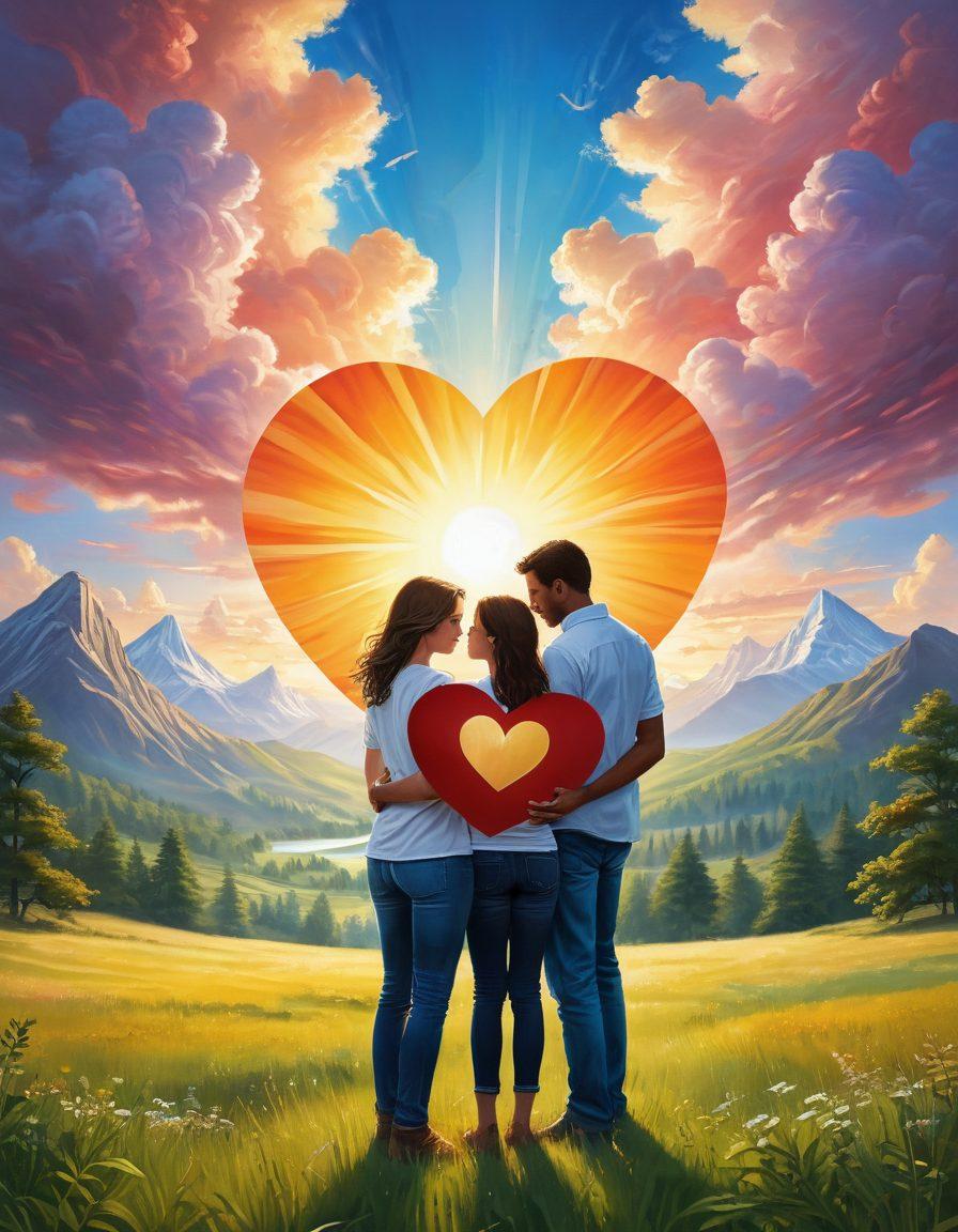 A heart-shaped shield encasing a couple and a family, symbolizing love and protection. The background features a serene landscape with soft sunlight filtering through clouds, emphasizing warmth and safety. Incorporate diverse couples and families in soft, embracing poses within the shield, showcasing unity. Add vibrant colors to convey positivity and hope. 3D illustration. vibrant colors.