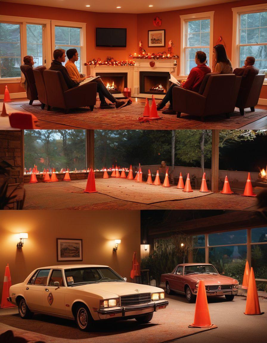 A split image showcasing two segments: on one side, a diverse group of people engaged in a defensive driving course with safety cones and enthusiastic instructors; on the other side, a cozy couple reviewing their romantic protection plans by a fireplace surrounded by heart-shaped decorations and insurance documents. The transition between the two segments should be seamless, capturing the essence of security in both driving and relationships. vibrant colors. super-realistic.